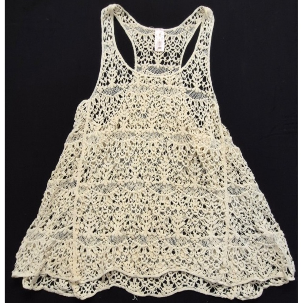 M USA crochet knit tank top Ivory white hollow out Cotton OSFA boho raceback